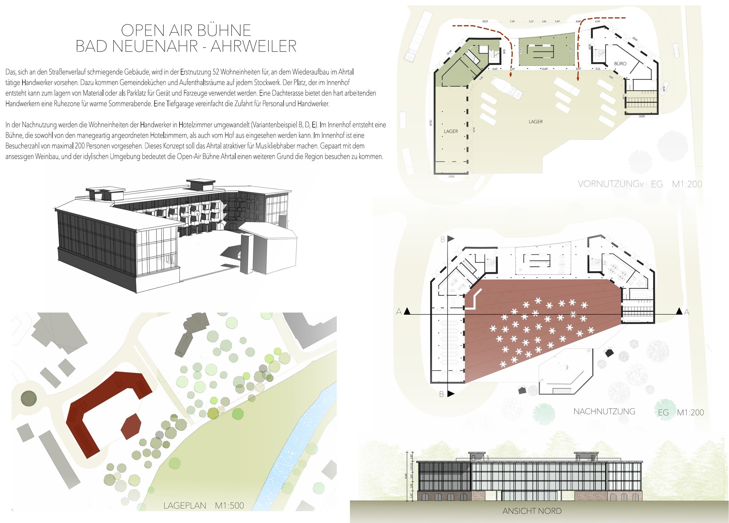 Abgabeblatt der Open-Air-Bühne Bad Neuenahr-Ahrweiler mit Axonometrie, Lageplan und Ansichten.