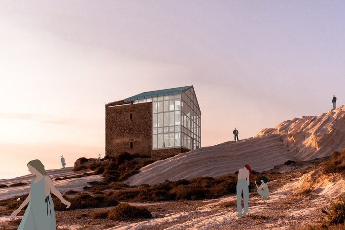 Fotocollage: das steinerne Zollhaus mit gläsernem Giebelhaus auf einem felsigen Küstenhang in der Abendsonne.