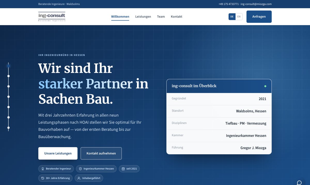 Startseite von miozga.com: dunkelblauer Auftritt des Ingenieurbüros ing-consult mit Leistungsübersicht.