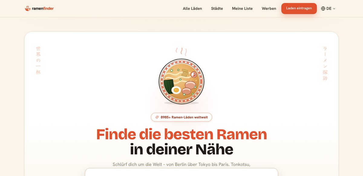 Startseite von ramenfinder.de mit illustrierter Ramen-Schüssel und Suchfeld.